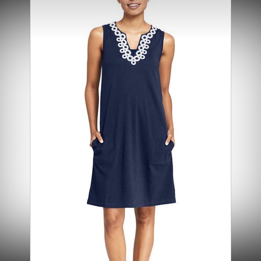 Lands End Navy Blue White Embroidery Detail sleeveless dress.  Size XS